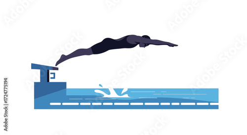 Vector Illustration of a Swimmer Diving into a Pool for Competition or Training Purposes, Suitable for Sports Websites or Swimming-Related Promotional Materials.