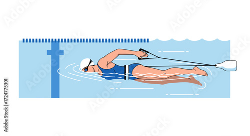 Illustration of a Swimmer Training with Resistance Cords in a Pool, Demonstrating Technique and Physical Conditioning for Water Sports and Athletic Development