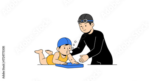 Child's First Swimming Lesson with Instructor. Perfect visual for children's swimming lessons, water safety campaigns, or aquatic skill development.