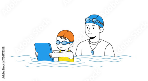 Cartoon illustration of a child learning to swim with a coach, showcasing aquatic education and recreational water activities for stock images.