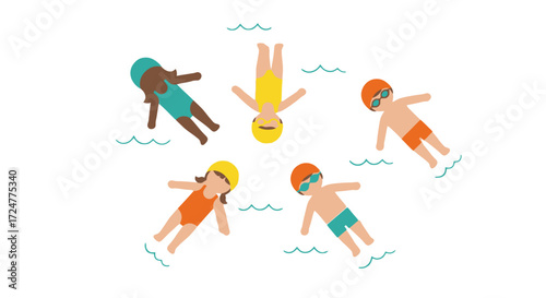 Diverse group of swimmers floating in water, showcasing summer vacation, recreational activities, and water safety. Suitable for educational materials, tourism promotions.