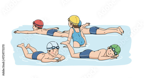 Children's Swimming Lesson Illustration Depicting Group Activity and Water Safety Instruction for Educational Materials and Recreational Swim Programs