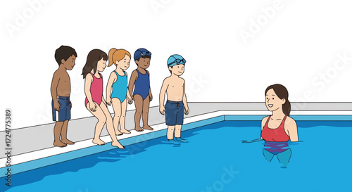 Children's Swimming Lesson Illustration Featuring Young Learners and a Swimming Instructor in a Pool. Ideal for educational materials, swimming programs, and children's activity guides.