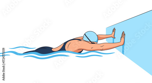 Swimmer performing a backstroke turn at the pool wall for illustration in sports training manuals and swimming technique guides, or educational material.
