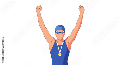 Victorious Swimmer Celebrating a Win with Raised Arms and a Gold Medal, Illustrating Achievement and Sportsmanship for Competition and Success Imagery