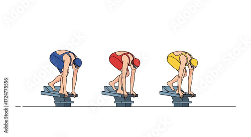 Competitive Swimming Start Illustration Showcasing Swimmers on Starting Blocks for Sports and Fitness Content, Training Manuals, and Educational Materials