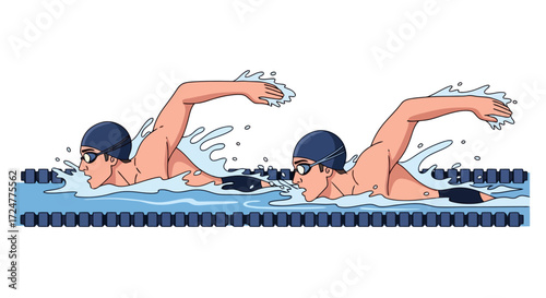 Synchronized Swimming Illustration Depicting Technique and Teamwork, Ideal for Sports Training Materials, Fitness Guides, and Aquatic Event Promotions.
