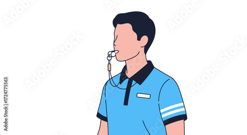 Sports coach blowing whistle for training or game commencement, ideal for illustrating coaching techniques, game officiating, or fitness instruction materials.