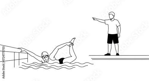Line art illustration depicting a swimmer training with a coach, suitable for educational materials, sports articles, or fitness-related content.