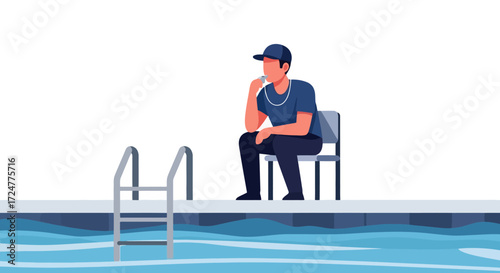 Pensive Swimming Coach Sitting by the Poolside, Contemplating Strategy for Athlete Improvement and Team Success in a Competitive Aquatic Environment