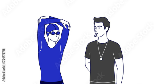 Illustration of a Swimmer Stretching Before Training with a Coach, Ideal for Sports Education, Athletic Training Programs, and Health and Wellness Campaigns.