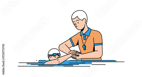 Swimming Lesson Illustration Depicting Instructor Coaching a Swimmer for Technique Improvement and Skill Development, Ideal for Educational Materials and Sports Instruction