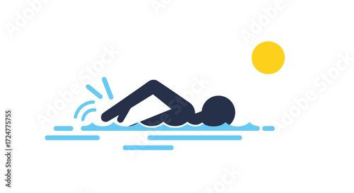 Minimalist swimmer icon in blue water under a sunny sky. Suitable for sports applications, fitness apps, summer vacation promotions, and aquatic event designs.