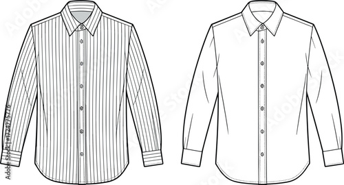 Men’s formal shirt flat sketch with stripes and plain design, long sleeve button down shirt, cad drawing vector illustration, template