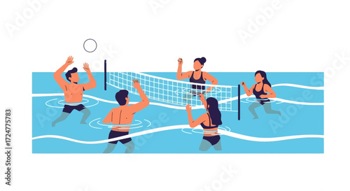 Group of Friends Enjoying a Lively Game of Water Volleyball in a Swimming Pool, Ideal for Summer Vacation, Active Lifestyles, and Recreational Activities