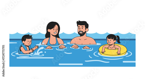 Happy family swimming together in a blue pool, enjoying summer vacation with kids. Ideal for illustrating family activities, leisure time, or water safety campaigns.