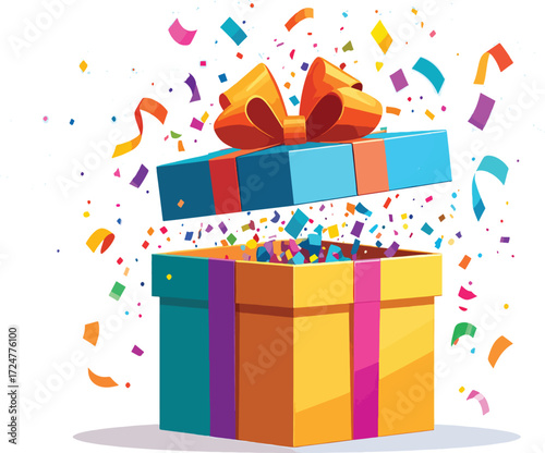 Unwrap the fun with this vibrant gift box illustration perfect for birthdays, celebrations, and special promotions with confetti explosion