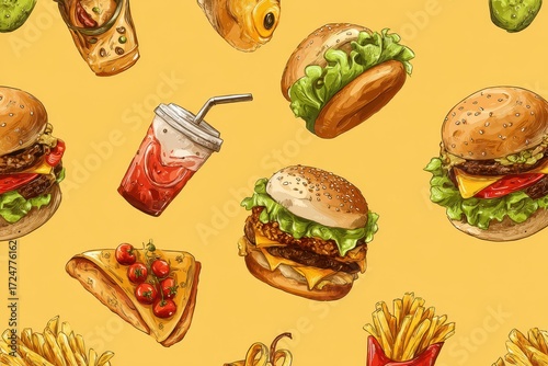 Enjoy a delightful array of fast food options in a vibrant seamless pattern featuring burgers, fries, and refreshing drinks
