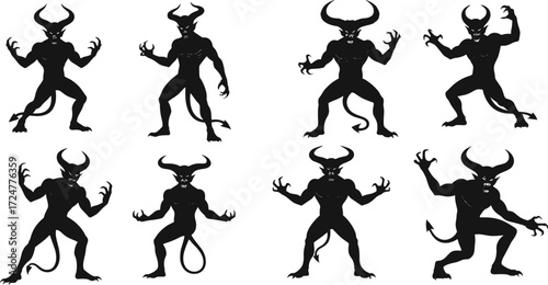 Evil horned demon silhouette, dark scary devil monster, gothic creature artwork, mythical satanic beast illustration, fantasy horror villain character design