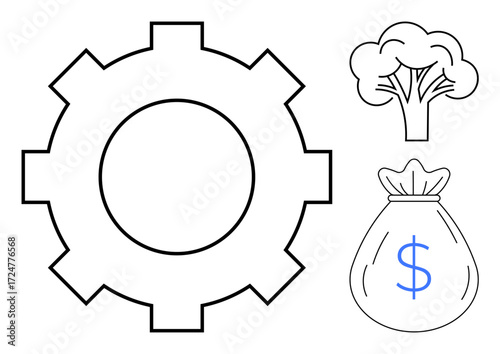 Gear symbolizing industry, tree reflecting sustainability, and money bag representing economy or wealth. Ideal for business, ecology, manufacturing, finance, development innovation growth. Simple