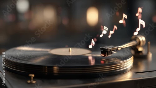 Vinyl Symphony: A vintage turntable spins a black vinyl record, with musical notes dancing gracefully into the air, evoking a sense of nostalgia and the pure joy of music.