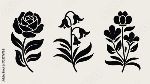 Elegant vector illustration of three stylized black flowers scalable for diverse graphic design projects vector