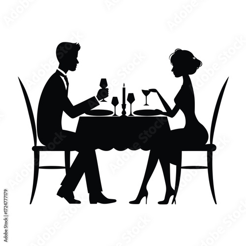 Vector illustration of a romantic couple silhouetted at a dining table for two vector