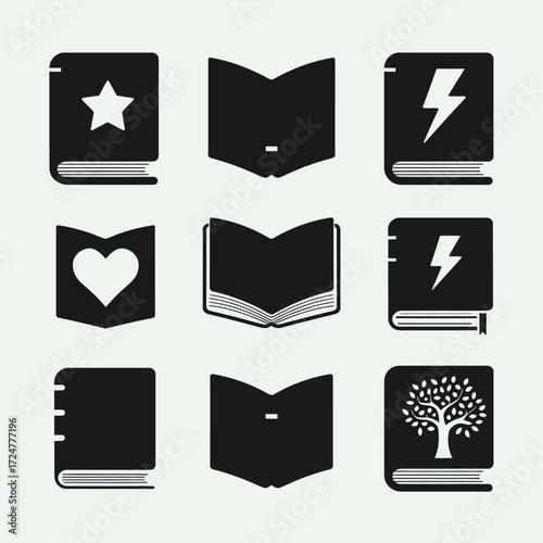 Set of scalable vector illustrations of iconic books and reading symbols for eps file format vector