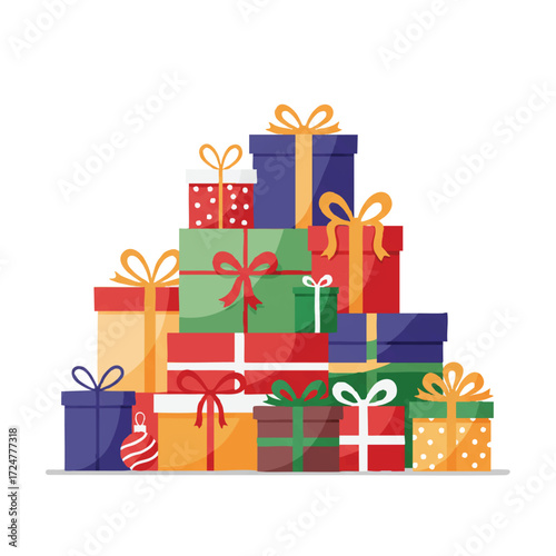 Vibrant Christmas gift boxes, stacked and adorned with festive ribbons and bows, form an artful 2D flat vector illustration on a clean white background.