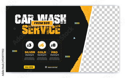 Car wash business promotion social media post or web banner template. Car cleaning or automobile repair service marketing flyer. Car sale or maintenance advertisement poster. Online ad digital cover. 