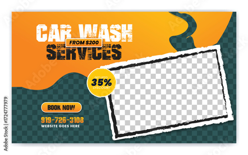 Car wash business promotion social media post or web banner template. Car cleaning or automobile repair service marketing flyer. Car sale or maintenance advertisement poster. Online ad digital cover. 