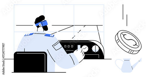 Pilot wearing VR headset adjusts airplane cockpit controls in a futuristic setting. Ideal for innovation, aviation, technology, training, simulation, guidance, ambition. Clean and simple flat