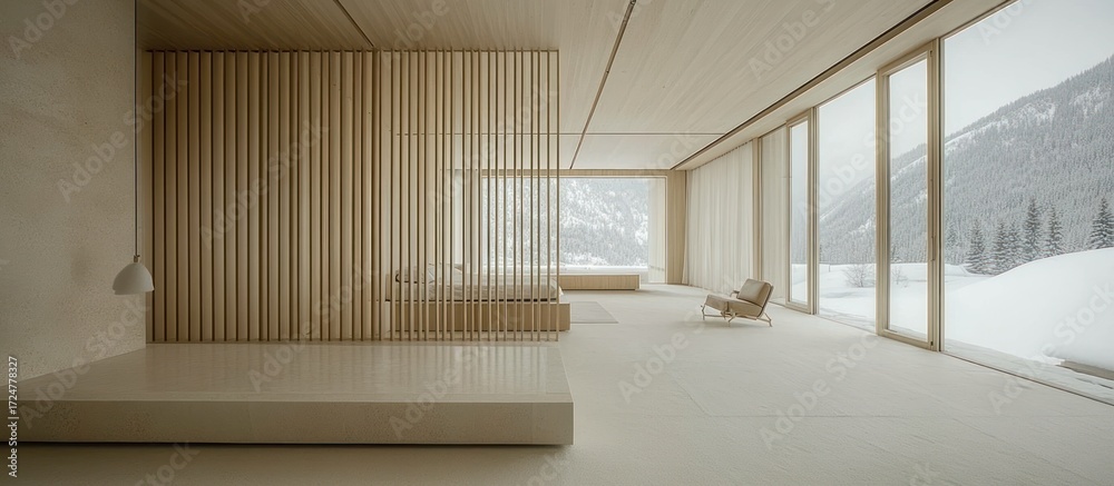 Obraz premium Modern minimalist bedroom with mountain views
