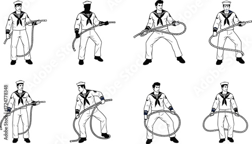Sailor character vector illustration, navy man holding rope, maritime worker artwork, nautical crew member graphic, seaman uniform drawing, vintage marine design