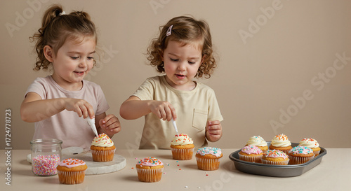 Two girls decorating cupcakes with colorful icing and sprinkles  