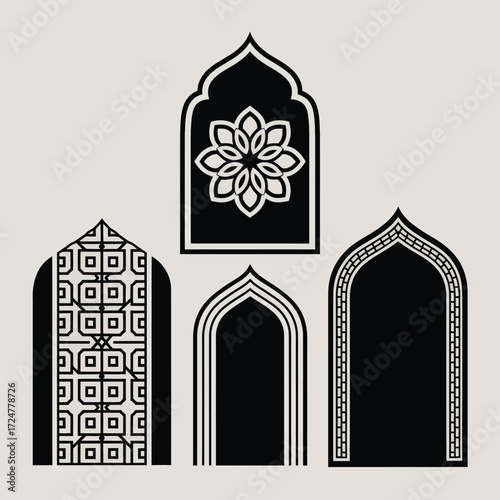 Intricate islamic archways vector set featuring geometric patterns and floral motifs scalable eps vector