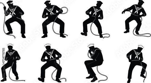 Silhouette sailor vector illustration, navy man pulling rope, maritime worker drawing, nautical crew member graphic, seaman uniform design, vintage marine artwork