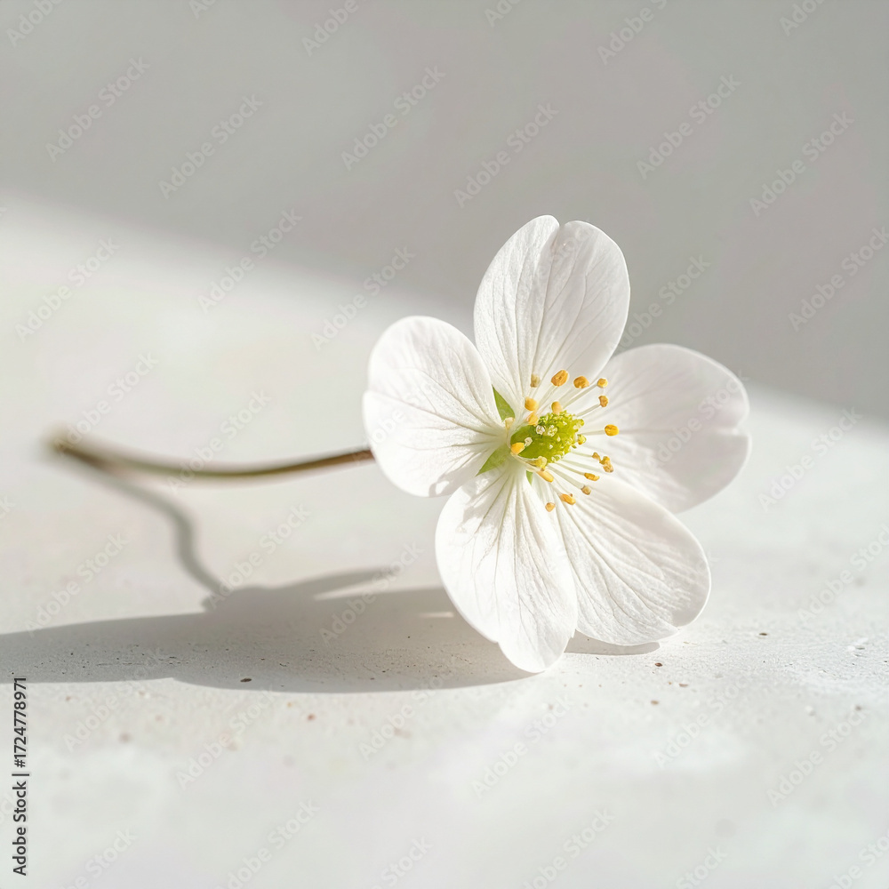 Obraz premium Mini wildflower laying on ceramic table with delicate petal details under soft diffused light and subtle clean shadows