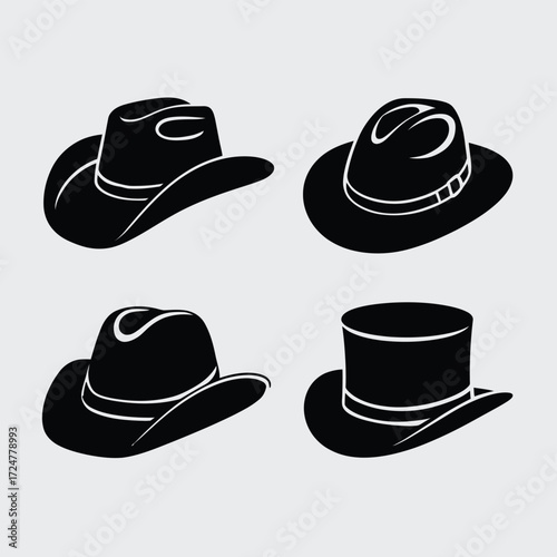 Vector illustration of four black hats cowboy top hat and fedoras for eps vector
