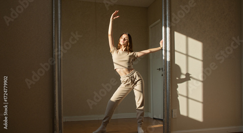 Young woman dancing gracefully in a sunlit room by a mirror  