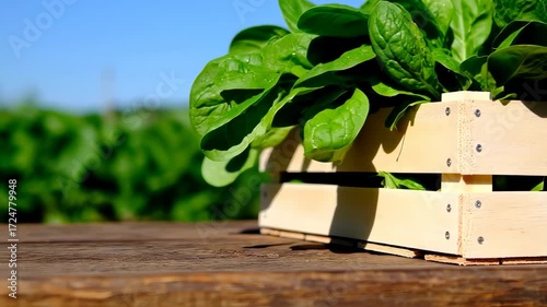 Fresh spinach in a wooden crate outdoors