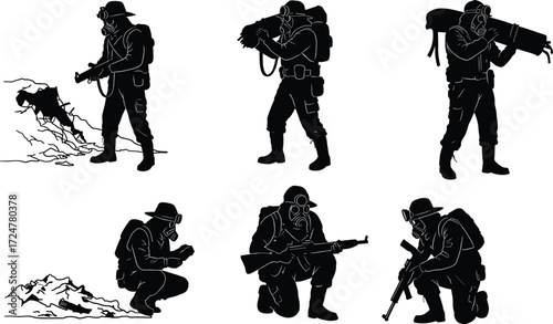 Soldier silhouette illustration, military special forces vector, armed combat fighter design, war survival training art, tactical soldier with weapon, defense concept