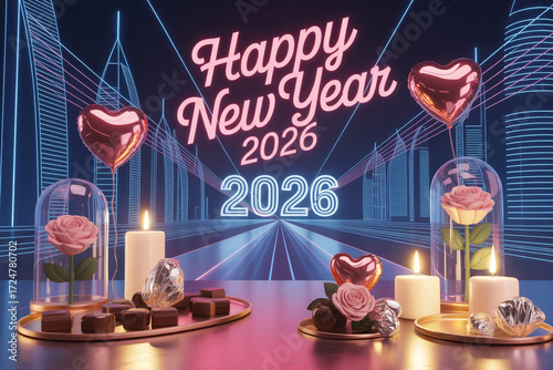 Celebrate a glamorous Happy New Year 2026 with elegant decorations, roses, and chocolates for a festive and romantic holiday celebration, wishing joy and prosperity