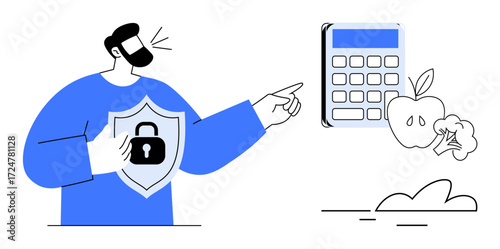 Man holding shield with lock speaking while pointing at calculator, apple, and broccoli. Ideal for health security, meal planning, budget, wellness, diet tracking, healthy habits educational tools