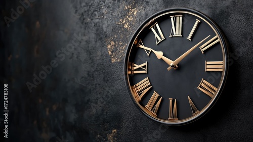 Wallpaper Mural Flat black clock with Roman numerals hangs against a minimalist black wall, its sharp lines contrasting the soft darkness. Modern design, urban loft decor. Torontodigital.ca