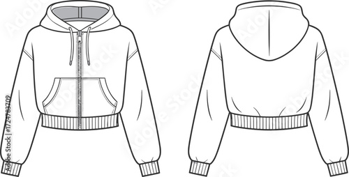 Trendy cropped hoodie vector illustration, CAD fashion flat drawing, modern sweatshirt design template, front and back view, casual streetwear apparel sketch