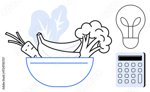 Bowl of fruits and vegetables with lightbulb and calculator. Ideal for health, nutrition, budgeting, eco-living, energy efficiency, sustainable choices, creative thinking. Simple flat metaphor