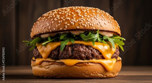 Juicy Beef Burger with Melted Cheese and Fresh Greens on a Toasted Sesame Seed Bun