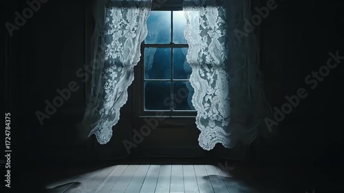 Dramatic slow motion of lace curtains blowing in wind at window at night in dark room