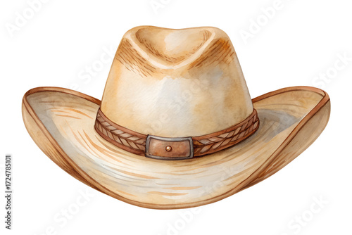 Watercolor classic brown cowboy hat with braided band isolated on a transparent background